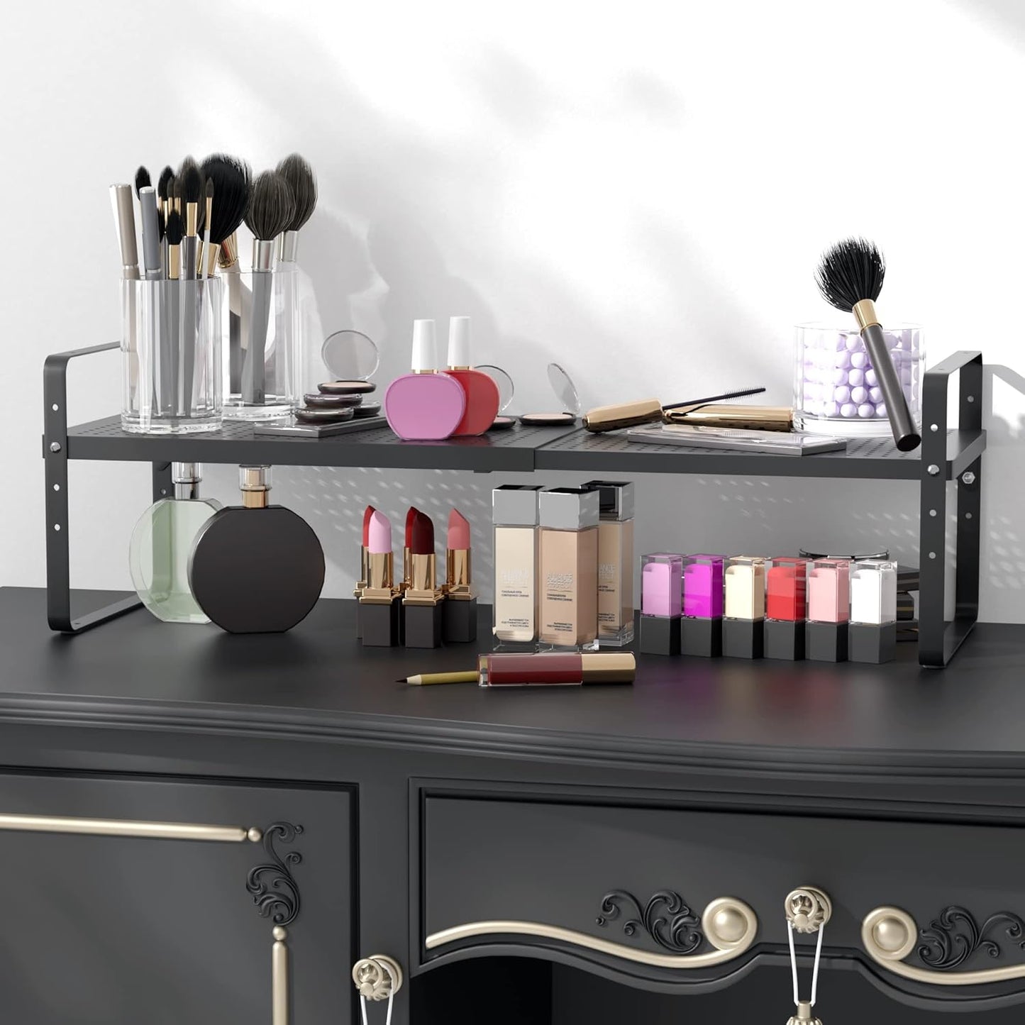 Expandable Cabinet Shelf Organizer Adjustable Metal Spice Rack Stackable Freestanding Counter Storage Shelves for Kitchen Cabinet Under Sink Office Desk (Black - 1Pack - L16.5-27'' * W8'' * H9.6'')