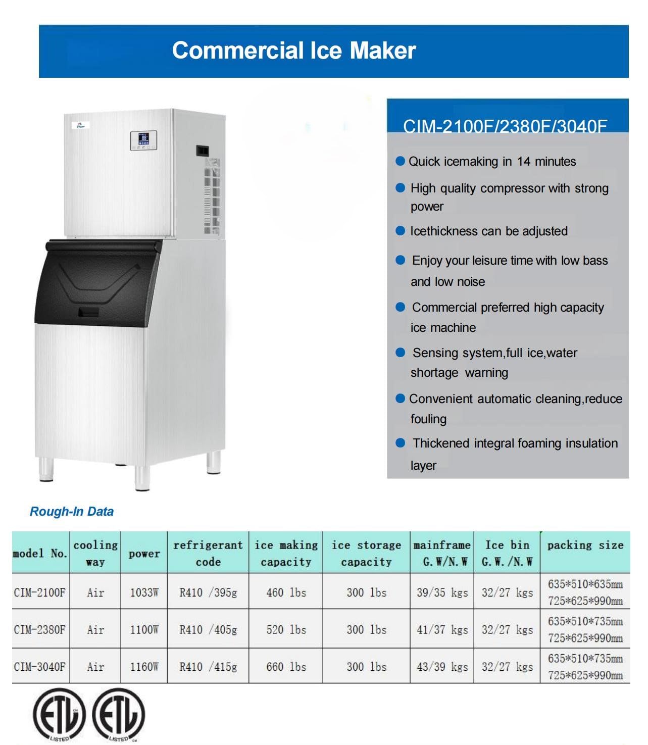 Commercial Ice Maker Machine, 660 lbs Daily Production, 300 lbs Storage, Digital Control Panel, Stainless Steel CIM-3040F