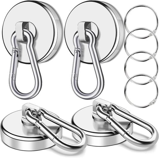 Magnetic Hooks Heavy Duty 150Lbs, 4 Pack Super Strong Magnetic Hooks with Swivel Carabiner for Cruise, Black Neodymium Magnet Hooks Magnetic Wall Hanger for Hanging, Toolbox, Grill, Cabins
