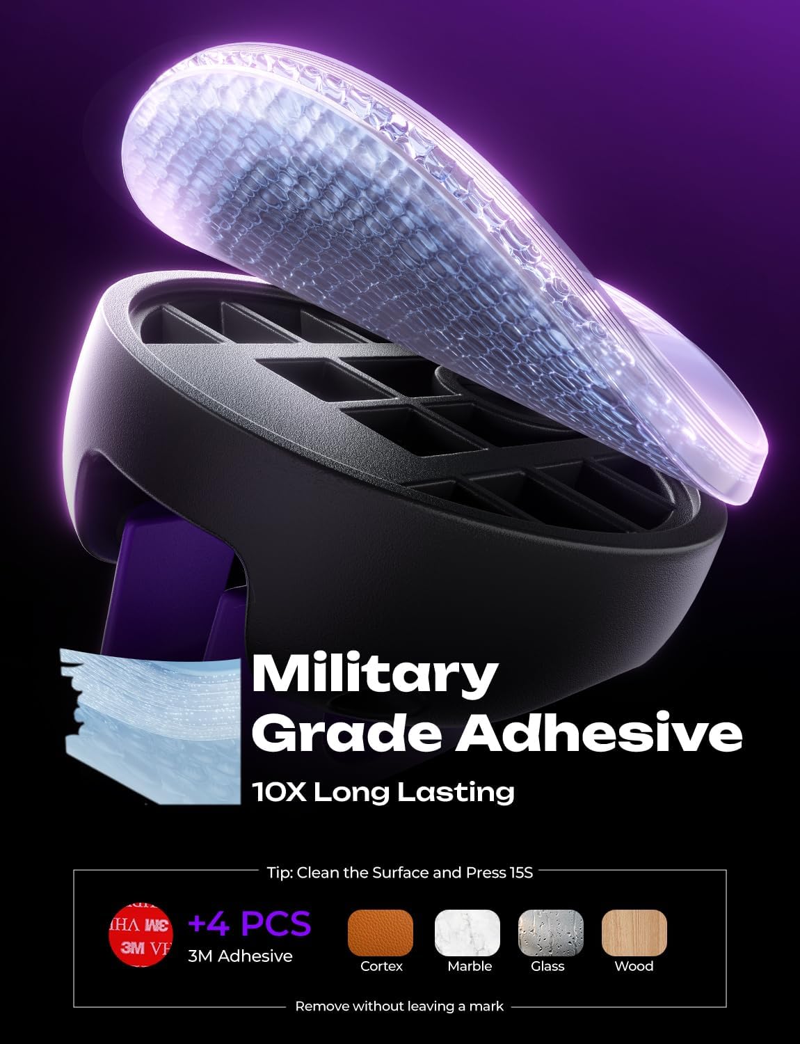 8-Pack Office Desk Accessories [1S Snap-On] Nightstand Organizer, LISEN Desk Organizers and Accessories with 4 Extra Strong Adhesive Pads, Wire Organizer for Nightstand, Home, Car, Desktop, Purple