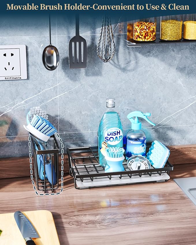 Consumest Sink Caddy, Kitchen Sponge Holder with Dish Brush Holder, Kitchen Sink Organizer with Drip Tray for Countertop Stainless Steel Rustproof, Black-Large