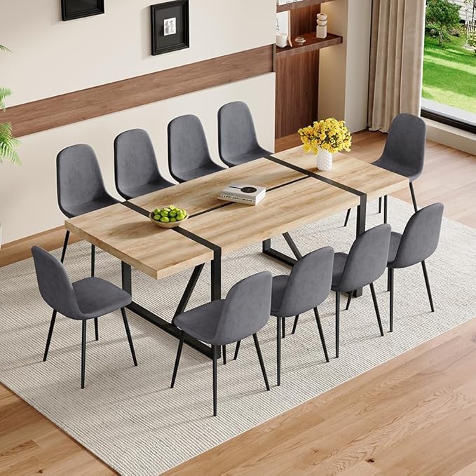 86.6" Dining Table Set for 10, Modern 11 Piece Wood Kitchen Table and Chairs Set, Large Rectangle Dining Table with 10 Linen Fabric Upholstered Chairs, Perfect for Family Gatherings and Dining Room