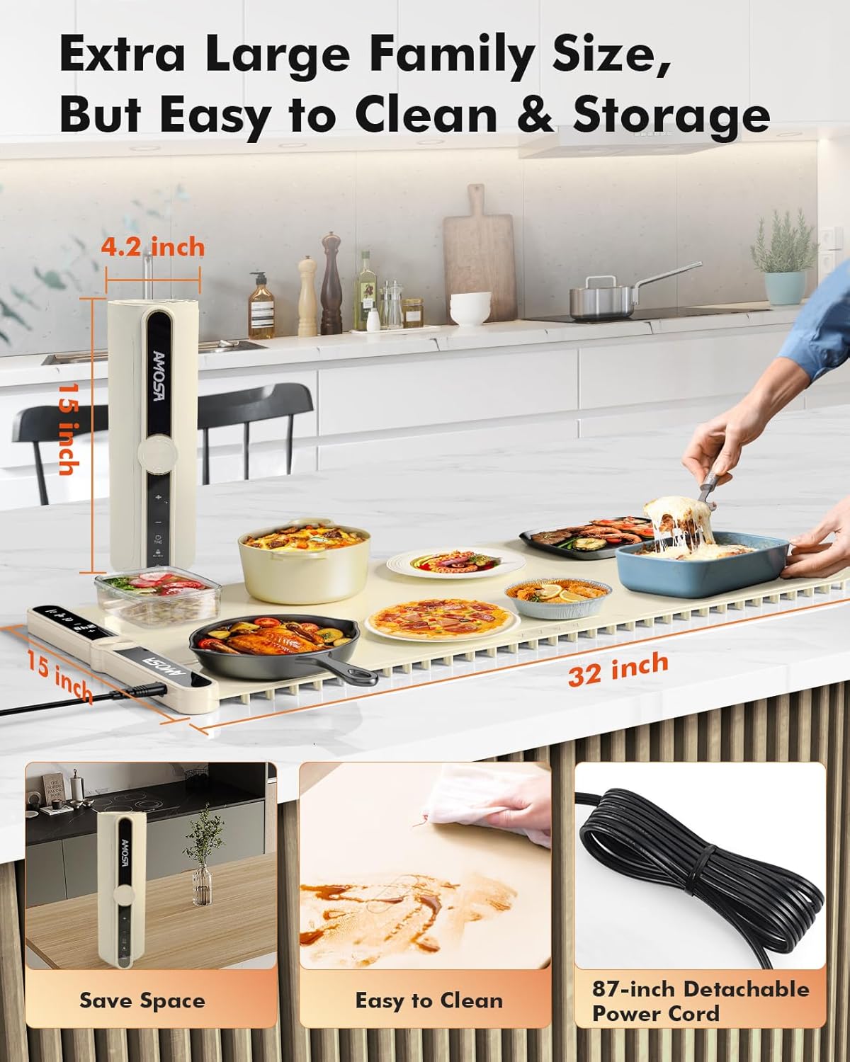 Warming Mat for Food, Fast Heating Electric Food Warmer with 9 Level Temperature and 6 Hours Timer, Extra Large Roll Up Silicone Food Warming Mat, Portable Warming Trays for Buffets Party (Yellow)