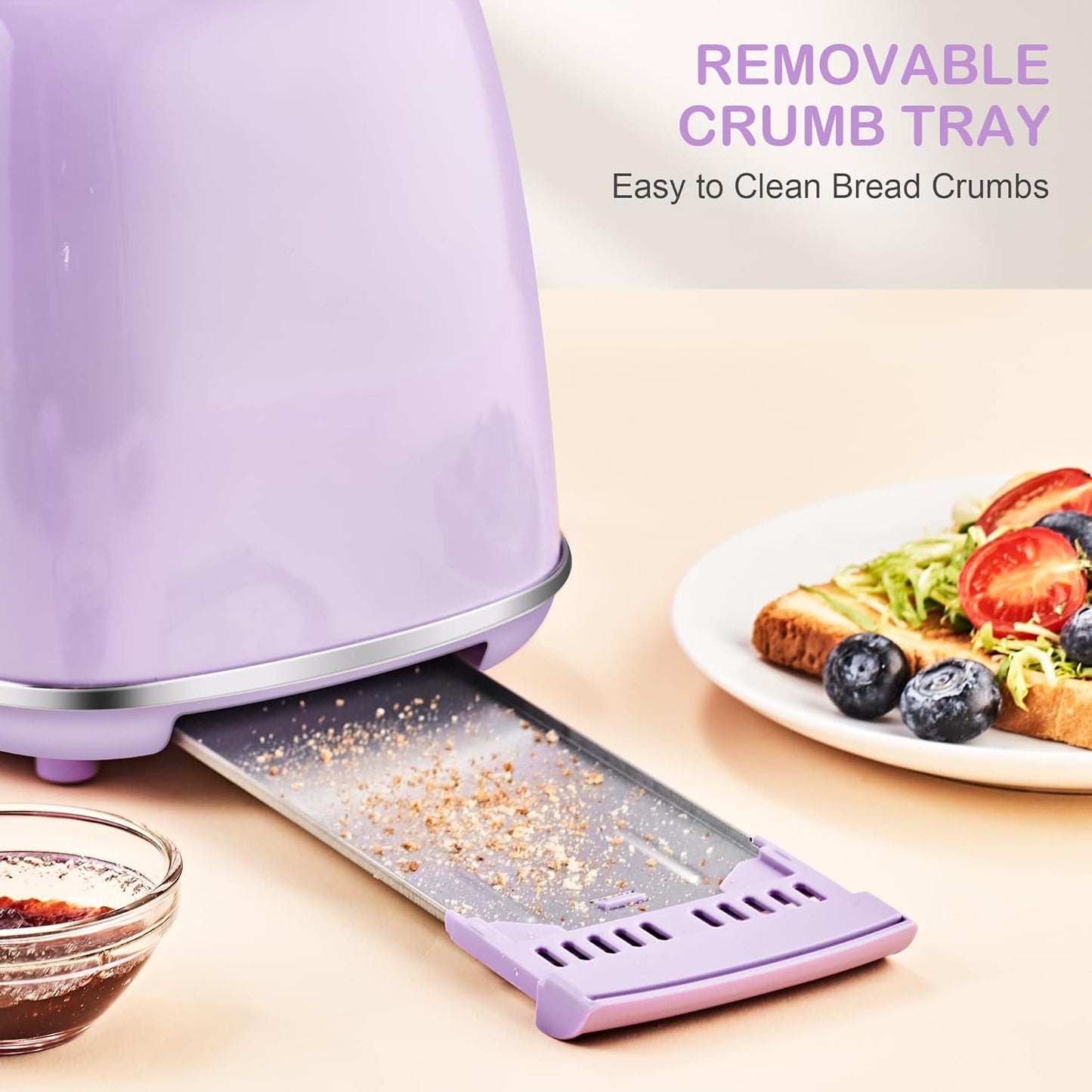 2 Slice Toaster Retro Stainless Steel with Bagel, Cancel, and Defrost Functions, 6 Bread Shade Settings, Extra Wide Slots and Removable Crumb Tray, Lavender-Purple