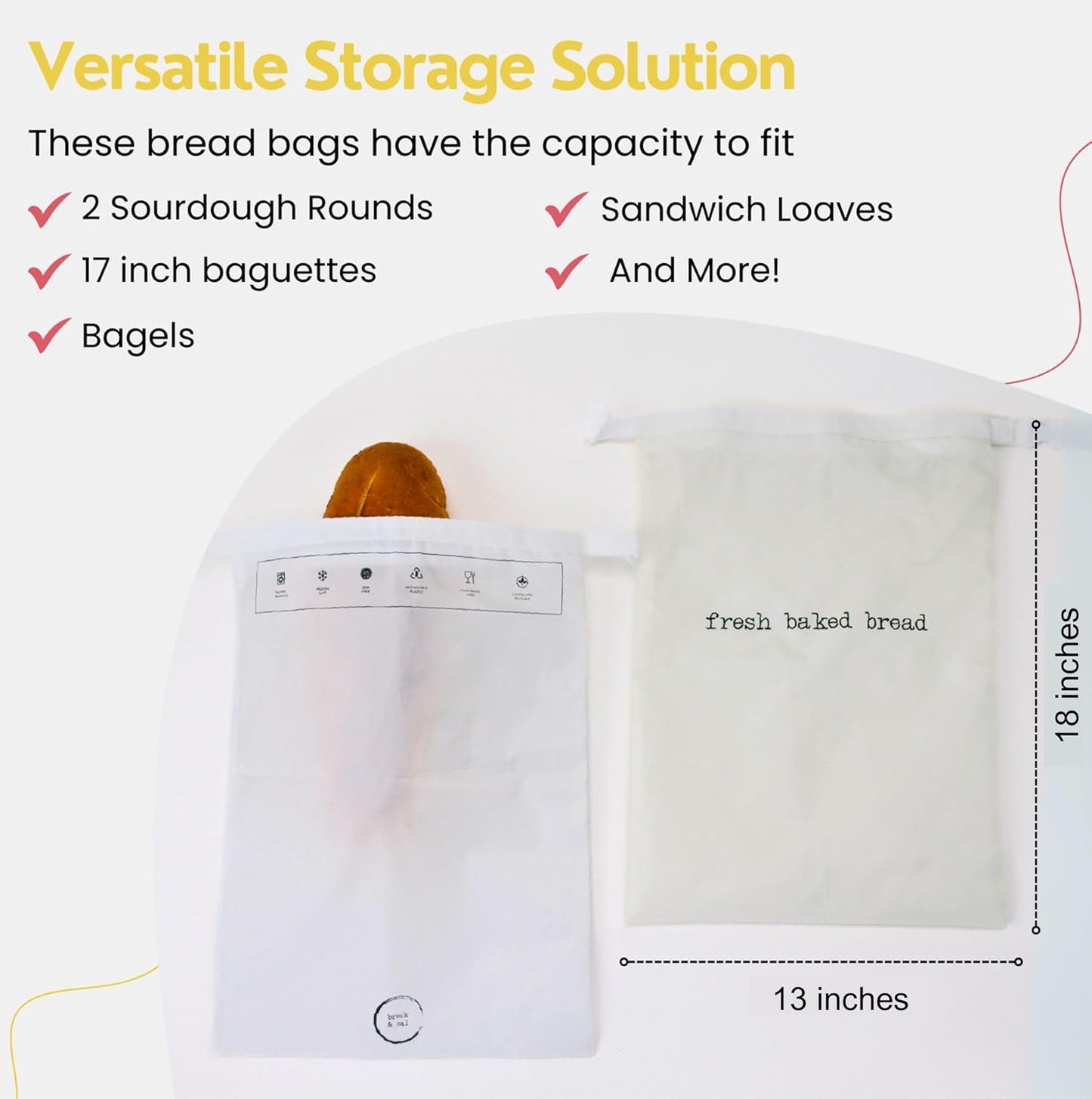 Reusable Bags for Homemade Bread Storage (2-Pack) - 13"W x 18"H - Plastic Fresh Bread Storage Bags - Metal Zipper & Buckle - Freezer Safe Bag, Machine Washable Sourdough Bag