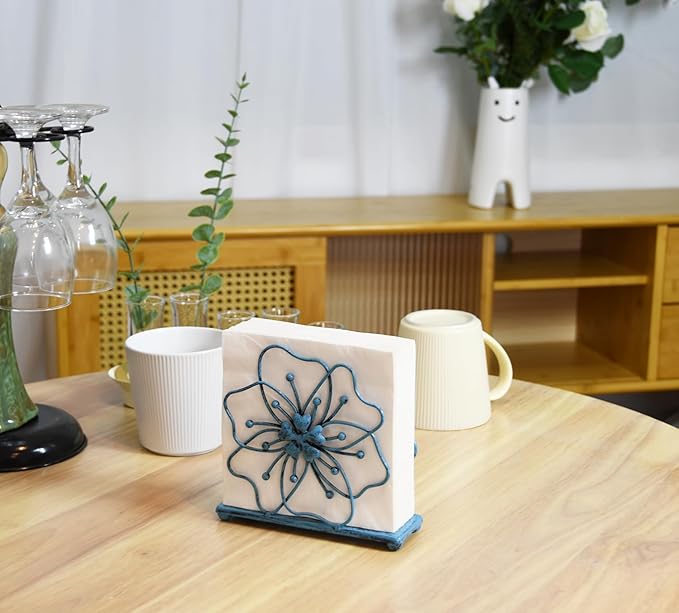 OwlGift Flower Style Napkin Holder, Freestanding Tissue Dispenser, Dining Table Napkin Storage for Home Kitchen Restaurant Picnic Party Wedding Housewarming – Turquoise