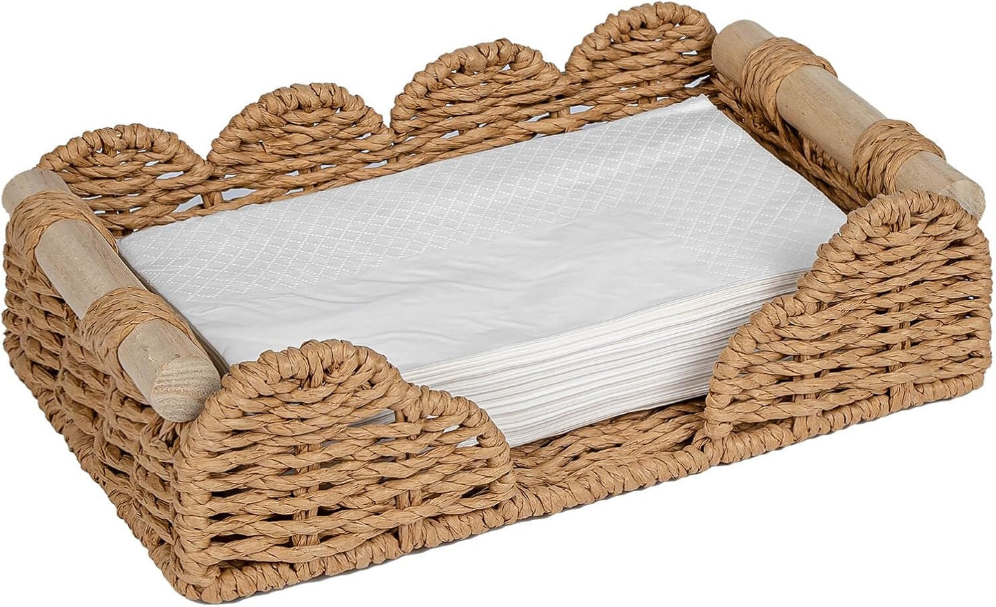 CubesLand Scalloped Napkin Holder for Bathroom Decor, Paper Rope Flat Napkin Dispenser Guest Towel Tray for Bathroom, Farmhouse Warm Napkin Holder for Table Dining Room Home Kitchen Decor, Neutral