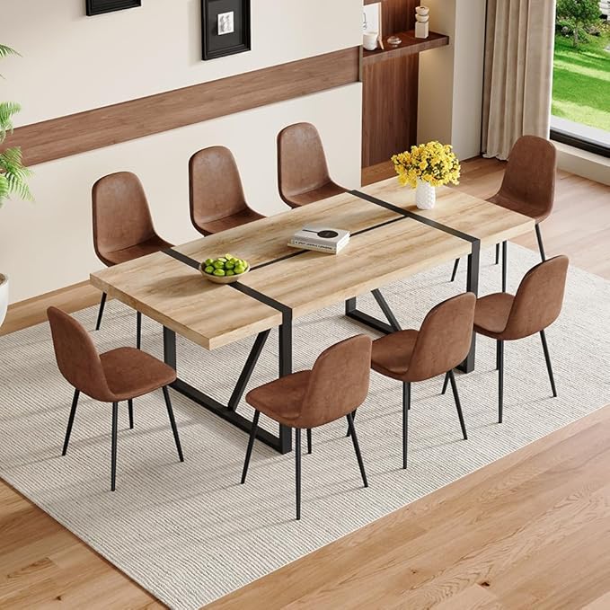 86.6" Dining Table Set for 8, Modern 9 Piece Wood Kitchen Table and Chairs Set, Rectangle Dining Room Table with 8 Suede Upholstered Chairs, Ideal for Home, Kitchen, or Apartment Dining