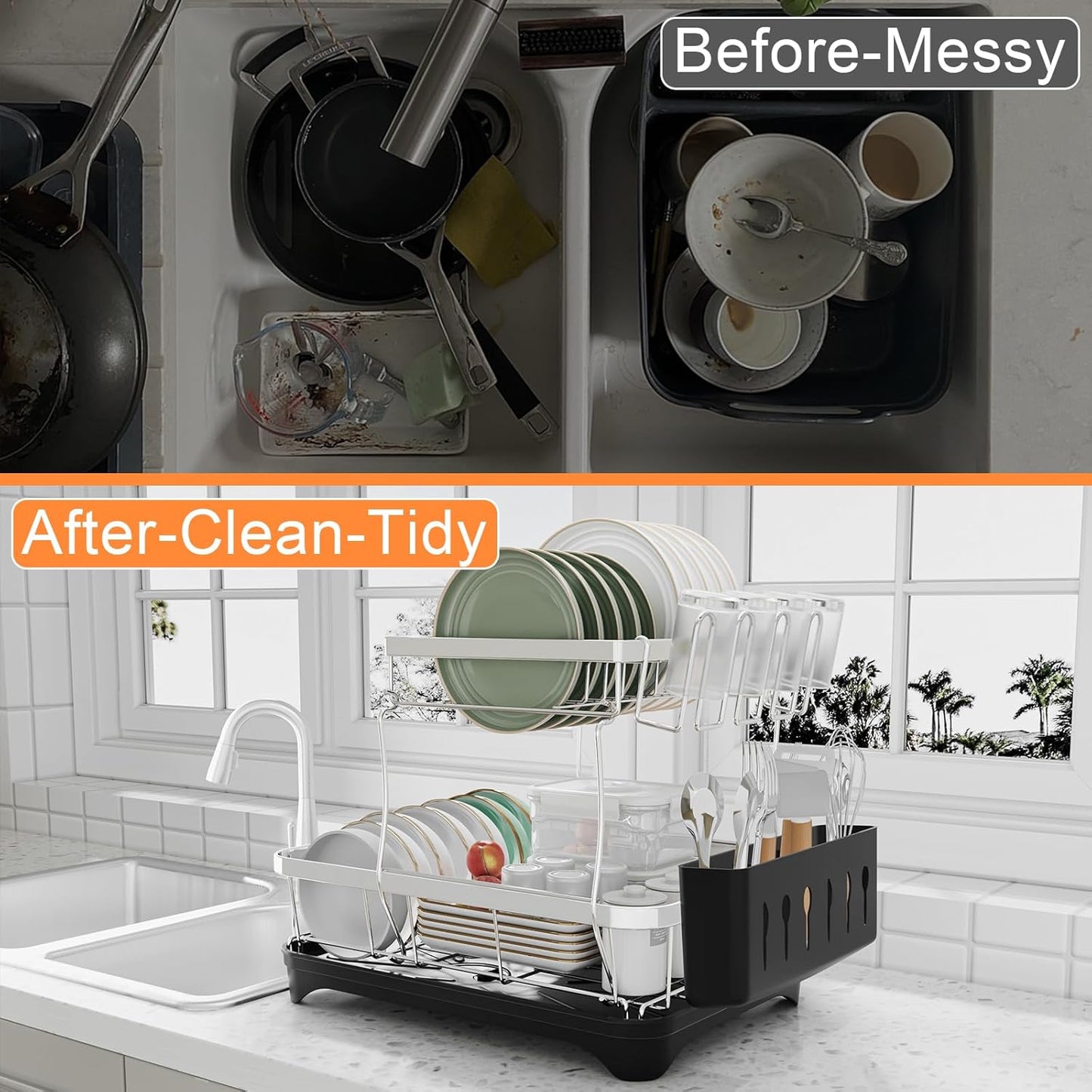 Dish Drying Rack - 2-Tier 304 Stainless Steel Dish Rack for Kitchen Counter, Adjustable Spout Auto-Draining Dish Rack, Kitchen Organizers and Storage Rack with Drainboard and Cutlery Holder Black