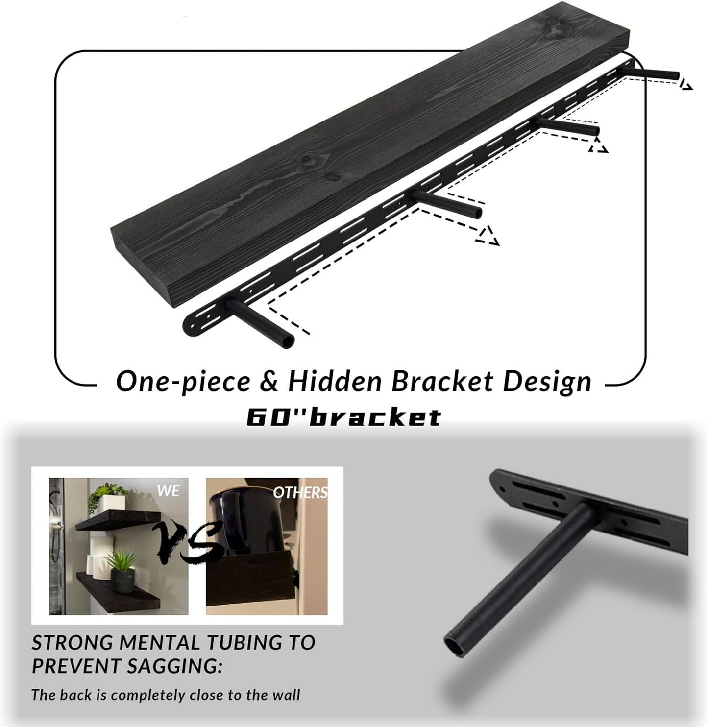 60 inch Black Floating Shelves for Wall 8 -inch deep Set of 2, Heavy Duty Solid Wood Wall Mounted Shelves for Living Room Kitchen with Thickened Hidden Bracket