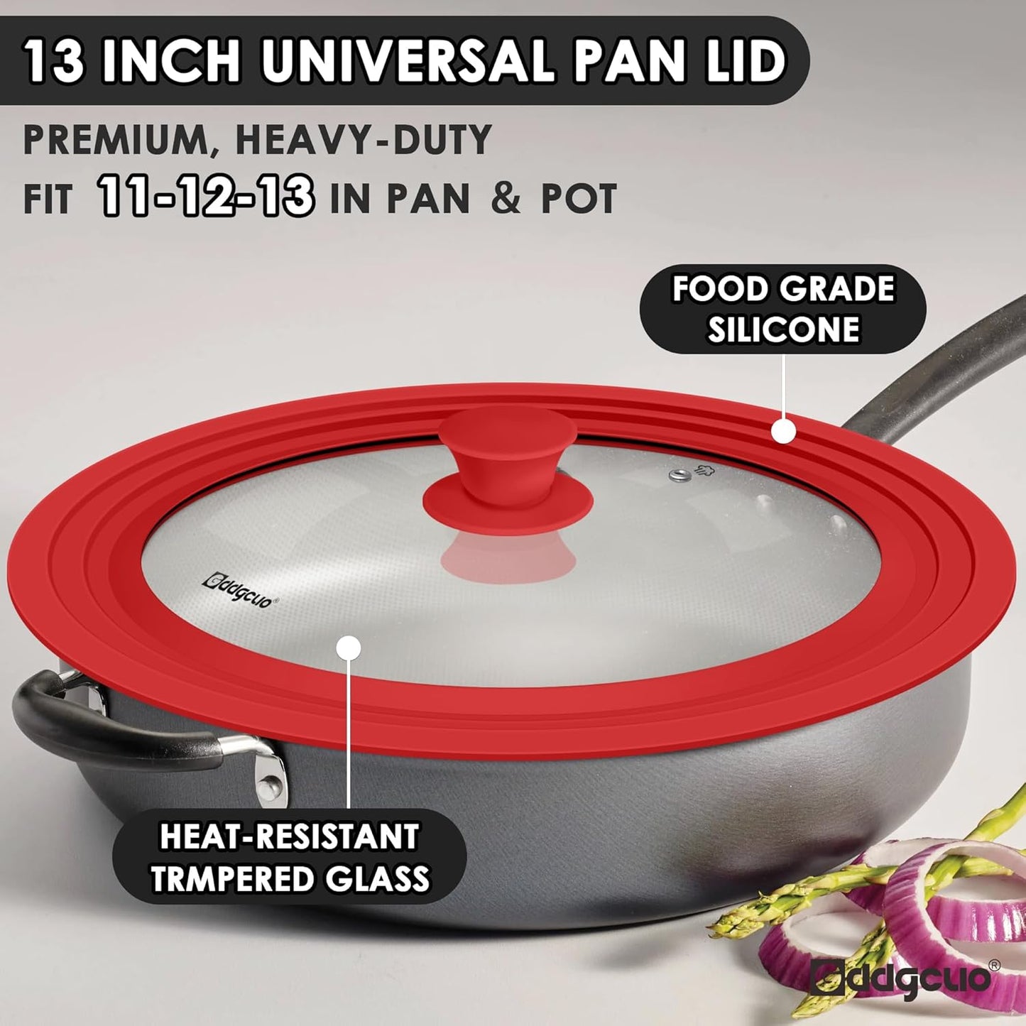 Universal Pan Lids, Silicone Pot lids for Pots, Pans & Skillets - Fits 11", 12" & 13" Diameter Cookware, Replacement Frying Pan lid, Dishwasher Safe (Red)