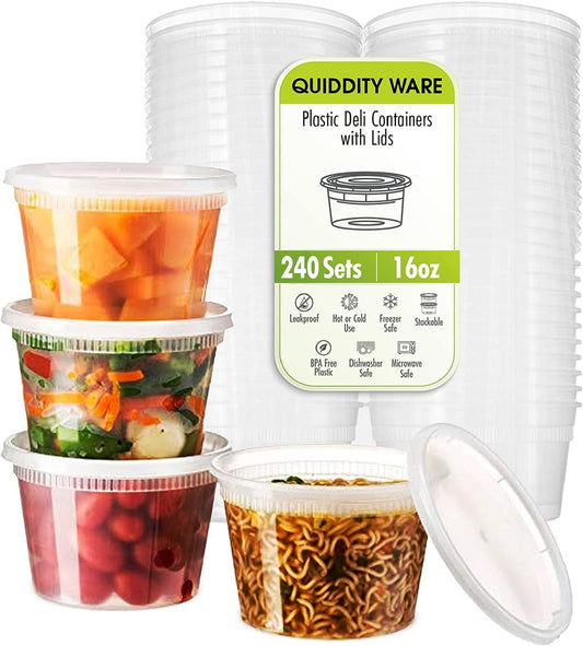 Deli Containers with Lids Leakproof - 240 Pack BPA-Free Plastic Microwaveable Clear Food Storage Container Premium Heavy-Duty Quality, Freezer & Dishwasher Safe (16oz 240 Sets)