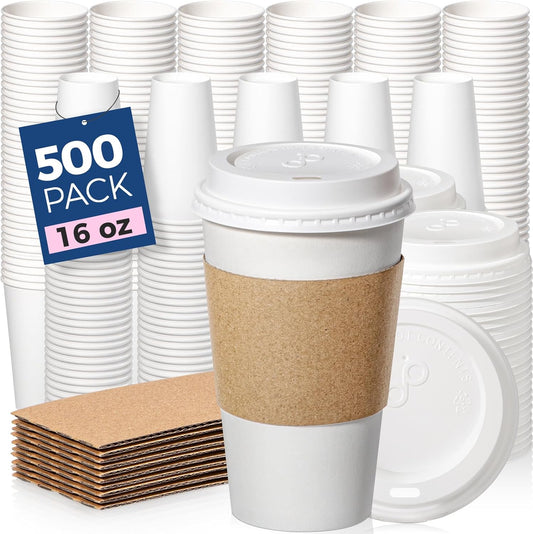 Fit Meal Prep 500 Pack 16 oz Disposable Coffee Cups with Lids, Sleeves, Leak-Proof To Go Coffee Cups with Lids, Durable Hot Paper Cups for Home, Office, Party, Business