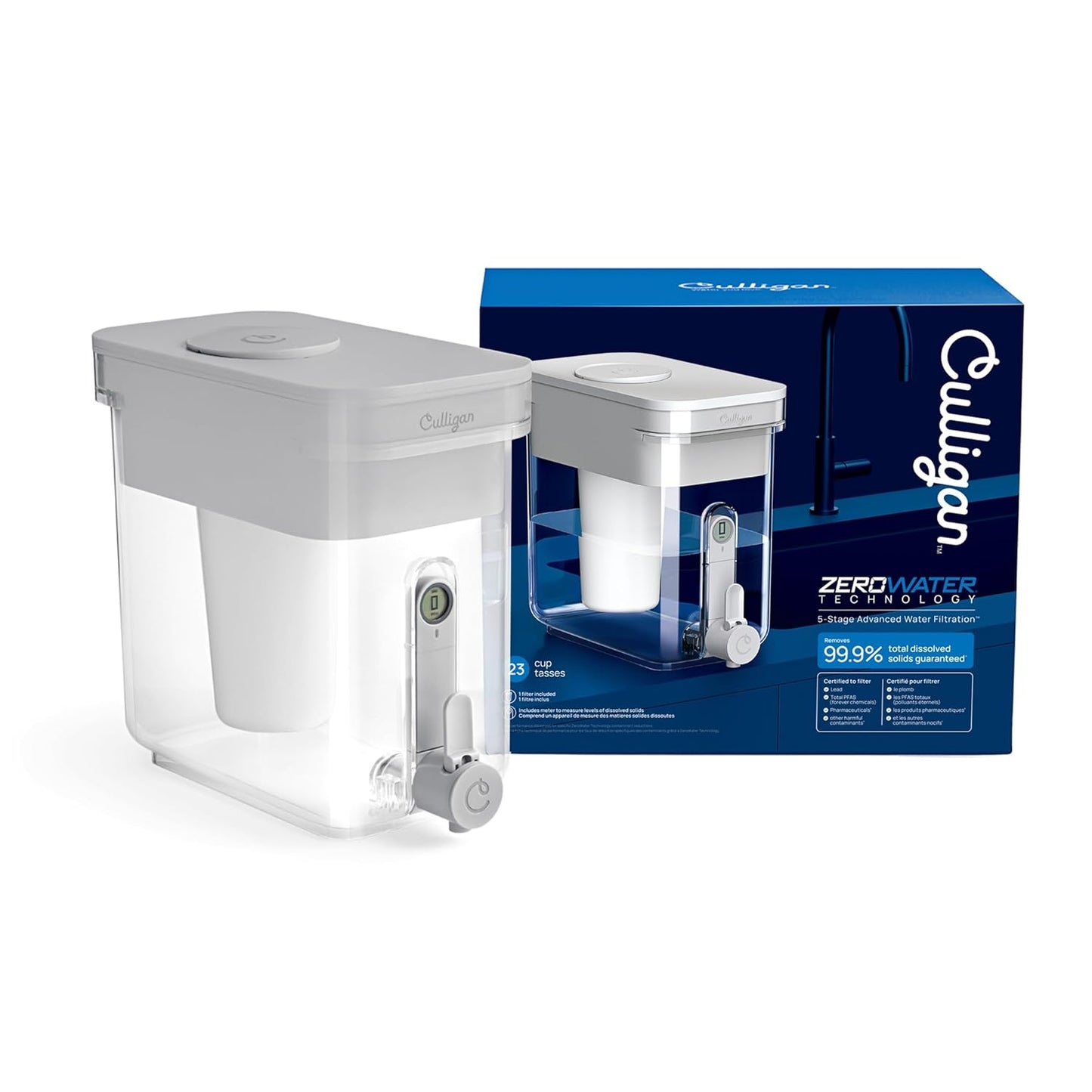 Culligan with ZeroWater Technology 23-Cup Water Filter Dispenser – Includes 5-Stage Advanced Water Filter, Certified to Reduce Lead, Total PFAS (Forever Chemicals), Mercury, Fluoride, and Chlorine