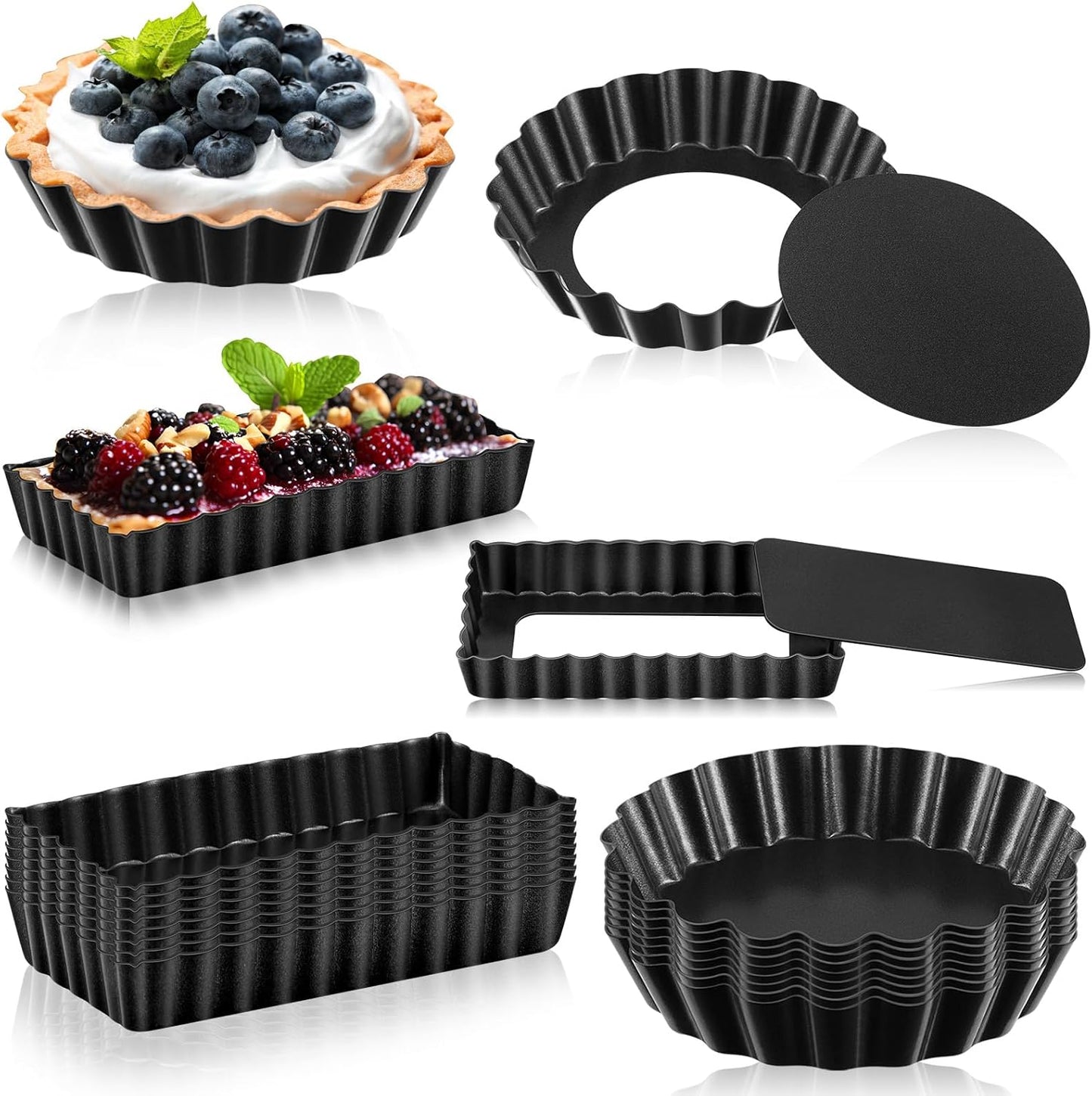 Tessco 16 Pieces Mini Tart Pans with Removable Bottom Nonstick Quiche Mini Pie Tart Pans Bakeware Mold Fluted Side for Pies(Black Round and Rectangle,4 Inch and 4.33 x 2.36 x 0.79 Inch)