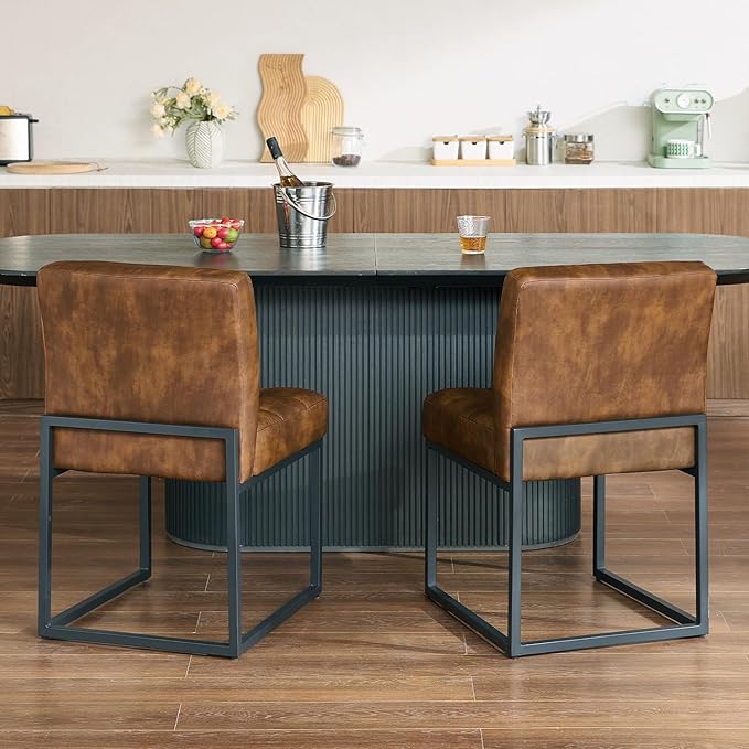 Coffee Faux Leather Dining Chairs Set of 2, Mid-Century Modern Dining Room Chairs with Armless, Checkered Kitchen Chair with Metal Legs