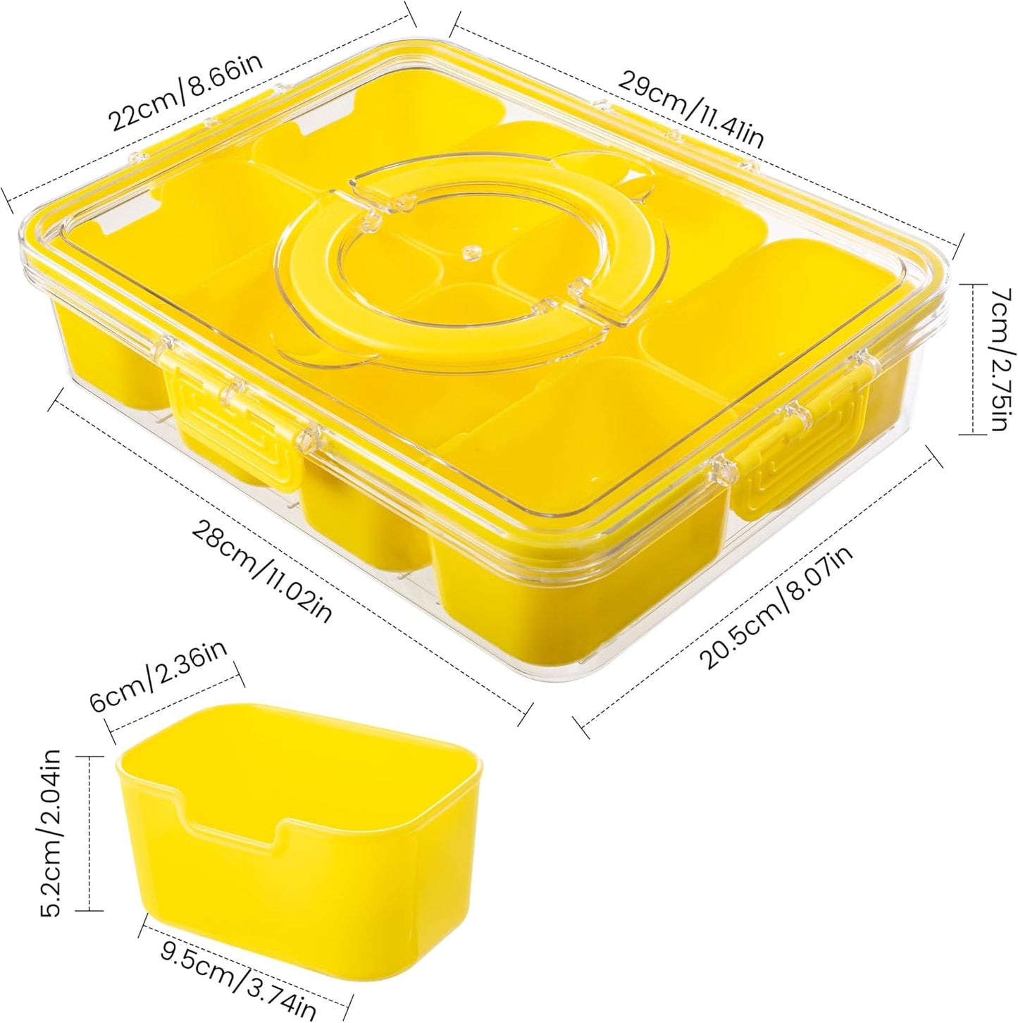 Divided Serving Tray with Lid and Handle - Snackle Box Charcuterie Container for Portable Snack Platters Organizer for Candy, Fruits, Nuts, Snacks - Perfect for Party, Entertaining, Yellow