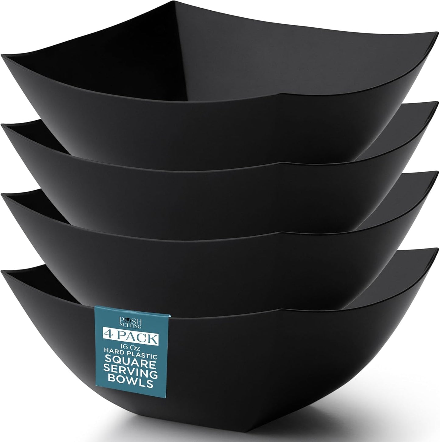 Posh Setting - Black Plastic Serving Bowls (16oz - 4 Pack) Square, Disposable, Salad & Fruit Bowls for Party Table, Candy Containers for Candy Buffet