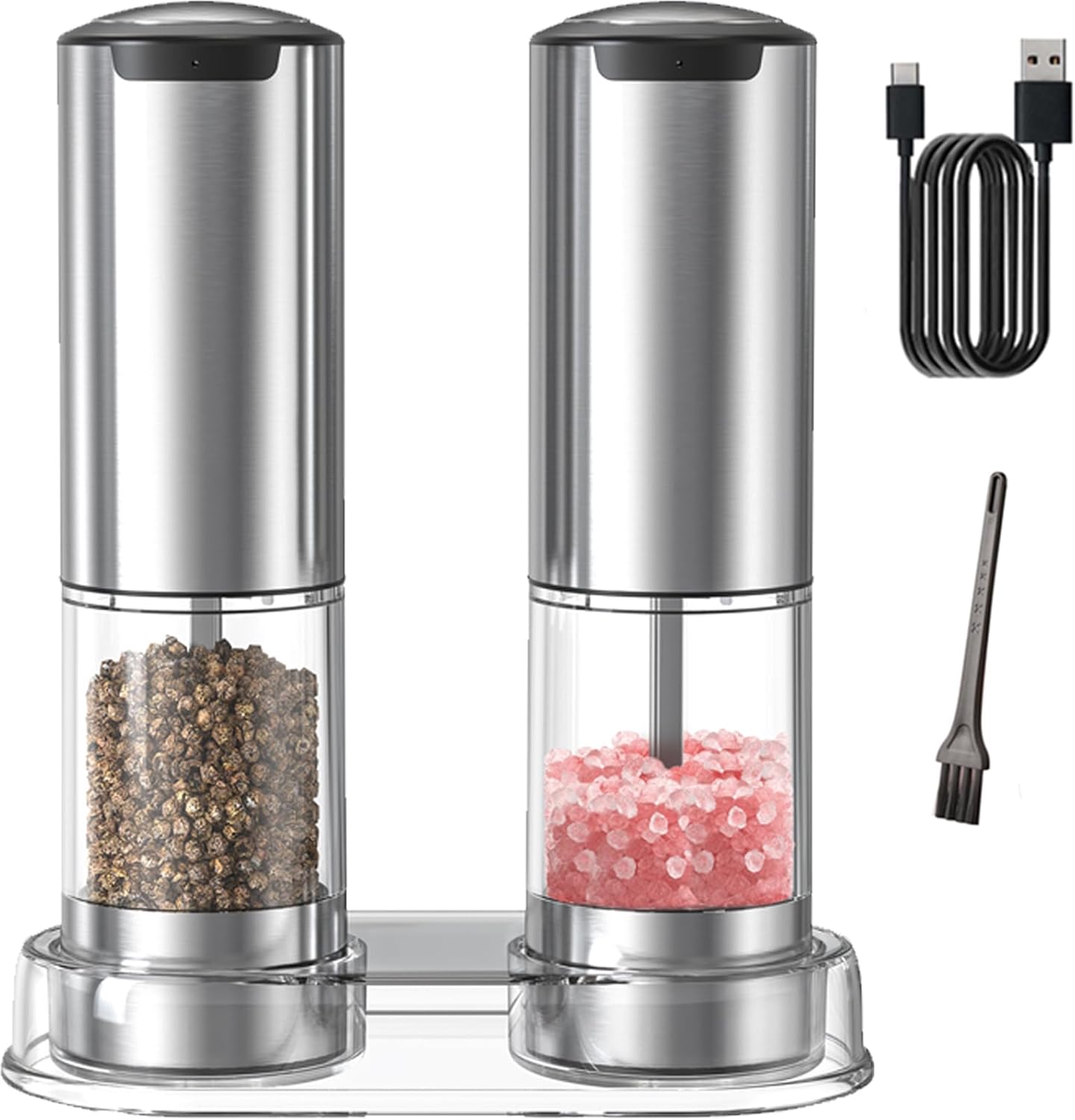 Electric Salt and Pepper Grinder Set, Rechargeable Automatic Pepper Mill Grinder with Led Light, One Hand Operation, Adjustable Coarseness, USB-C Recharging, Refillable, 95ml, Silver(2 Pack)