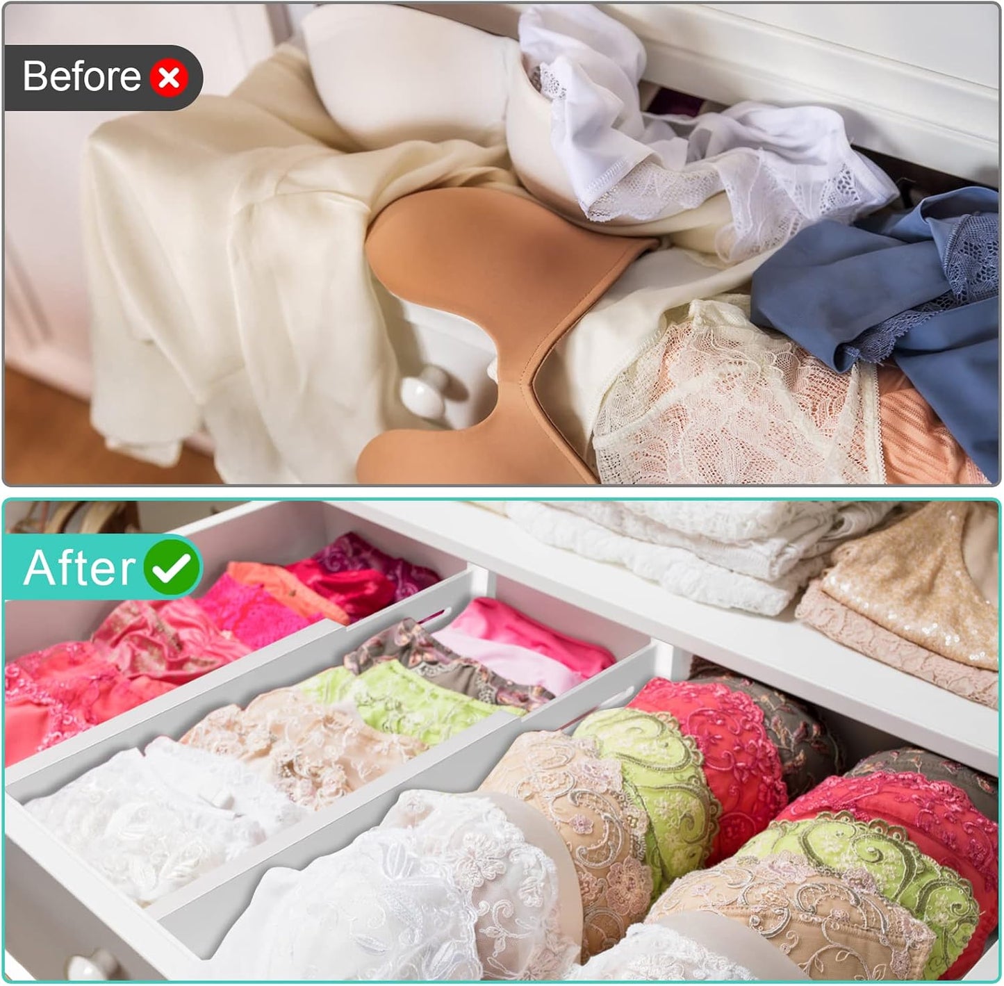 FJO 4 Pack Adjustable Bamboo Drawer Dividers - 12.5" - 21.7" Expandable Drawer Separators for Kitchen, Utensils, Clothes, Bedroom, Dresser, Bathroom (White)