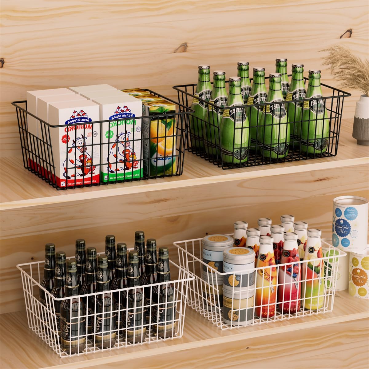 SANNO Large Freezer Baskets Metal Storage Organizer Bin Basket Wire Storage Basket for Kitchen Pantry Bathroom Large Metal Farmhouse Food Fruit Produce Organizer Bins,black,3