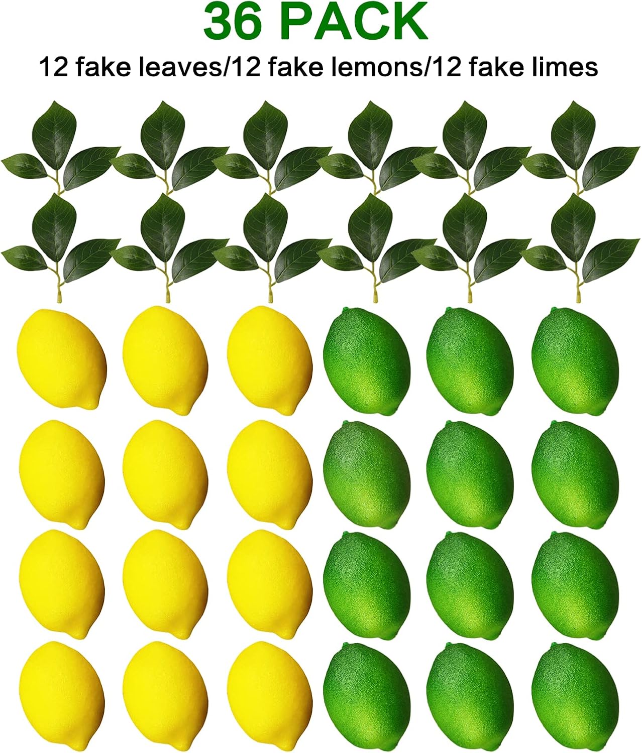 Fake Fruit Artificial Lemons, 3.1''×2.2'' Faux Lemon Fake Limes with Leaves, Lifelike Fake Lemon Decor for Kitchen Table Cabinet Party, Plastic Fruits Photography Prop 36PCS