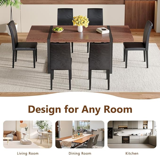 86.6" Dining Table Set for 6, Modern 7 Piece Wood Kitchen Table and Chairs Set, Rectangle Dining Room Table with 6 PU Leather Upholstered Chairs, Ideal for Apartment, Kitchen, Dining Room