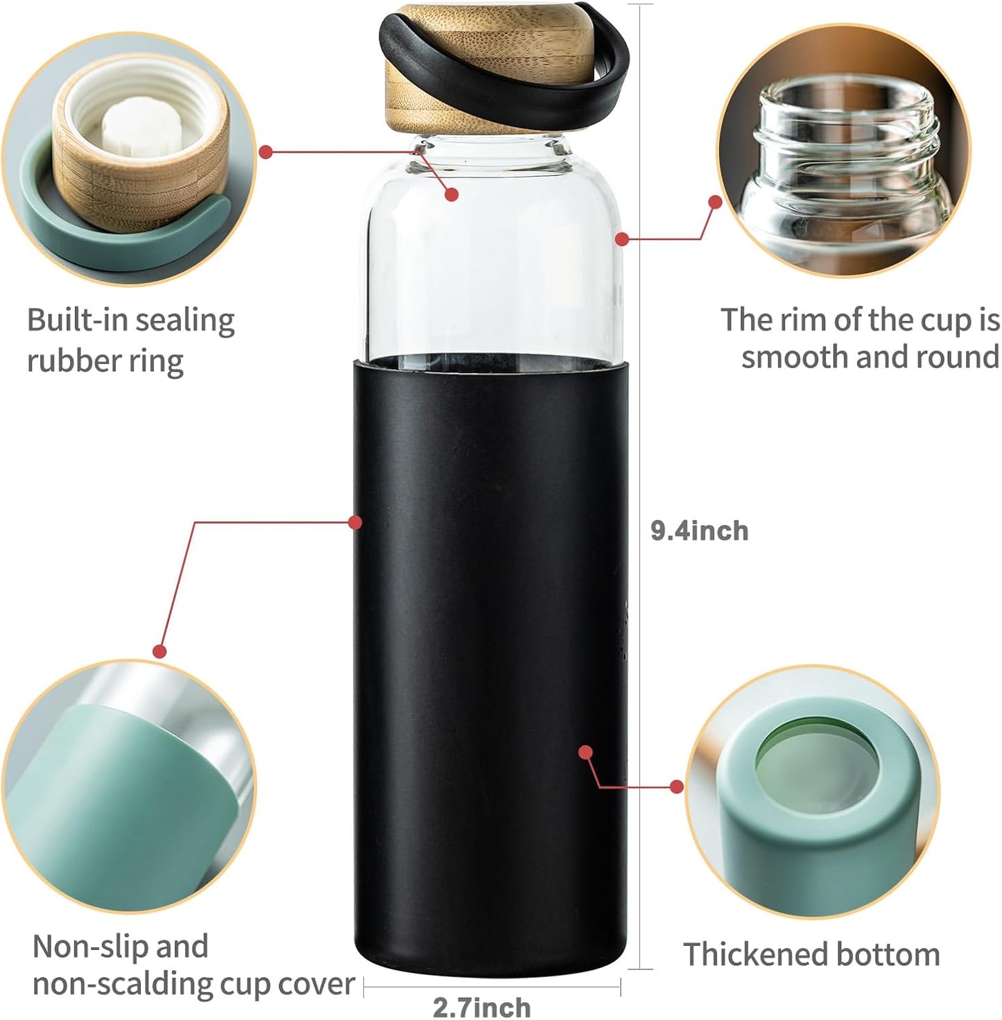 21oz Borosilicate Glass Water Bottles with Silicone Non-Slip Sleeve & Leak-Proof Lid-Reusable Drink Bottle for Office,Travel,Gym,Hiking-BPA Free,Ideal Gift for Home,Car &Fitness (Black)