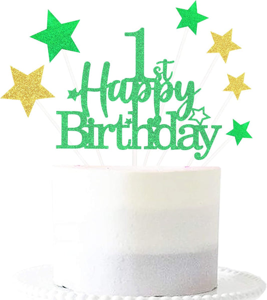 Glittery 1st Happy Birthday Cake Topper with Star,Personalised 1 Birthday Cake Toppers Party Decorations Party Supplies for Baby Boys Girls Green Gold