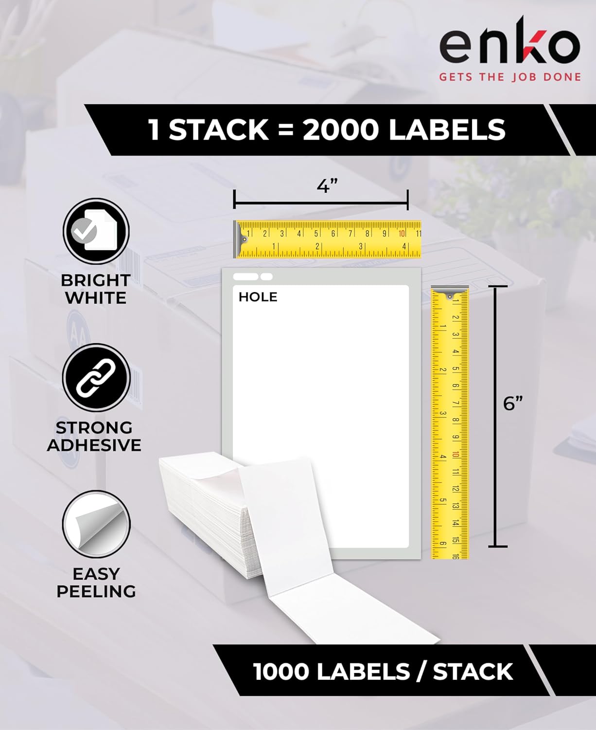 enKo 1 Stack/2000 Labels 4" x 6" Fanfold Direct Thermal Label Compatible for Rollo Zebra Printer - Shipping, Mailing, Postage, Perforated, Permanent Adhesive (2 Labels/Fold)