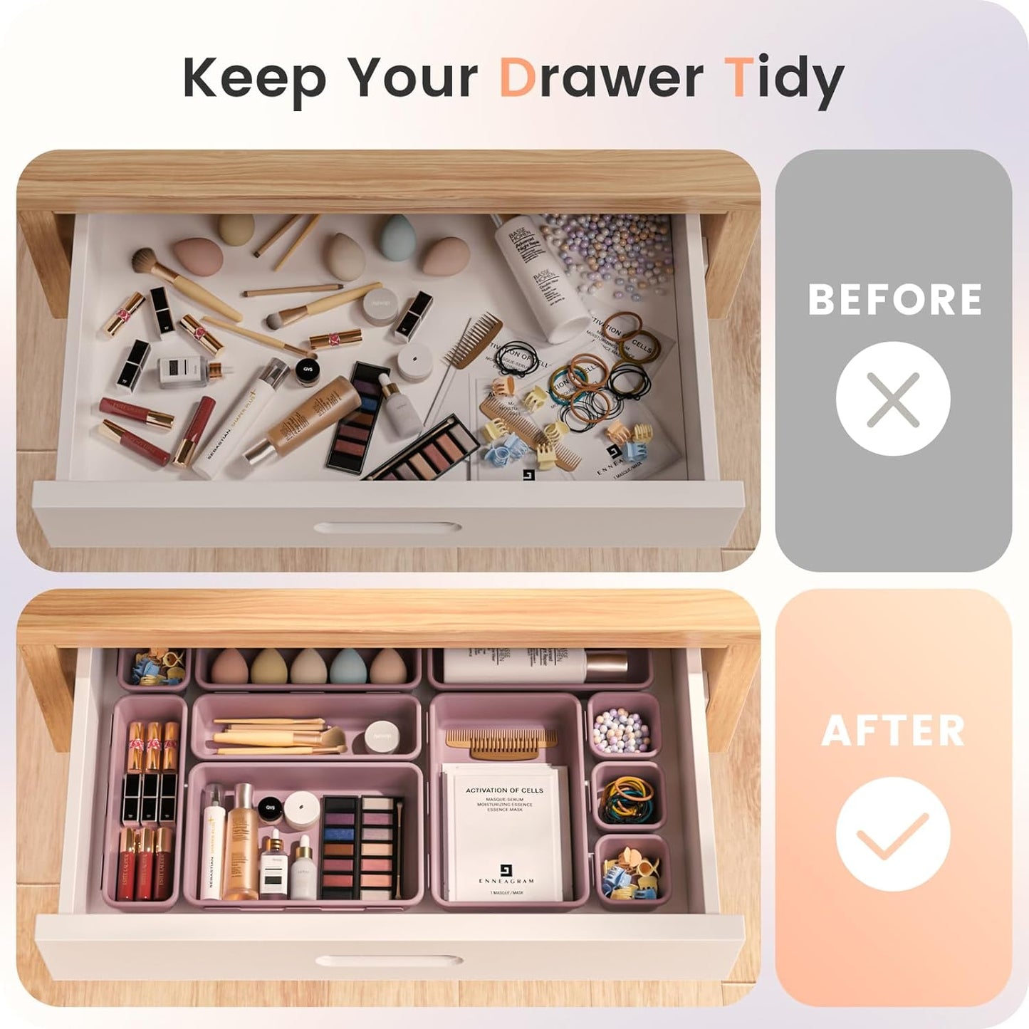 A-LuGei 【𝟮𝟮𝗣𝗖𝗦】 Plastic Lilac Desk Drawer Organizer, Bathroom Organizers and Storage, Makeup Organizer, Organization and Storage Bin Container for Vanity Office Utensils Tool Pantry Cosmetic