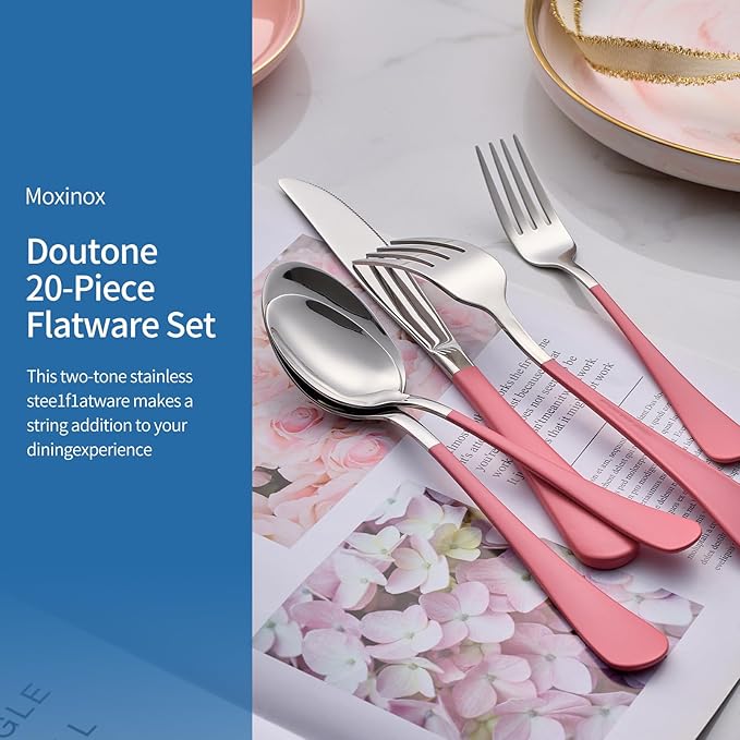 20-Piece pink Silverware Set, 18/0 Stainless Steel pink Handle Flatware Set, Service for 4, Modern Cutlery Set Includes Dinner Knives Forks Spoons, Mirror Polished, Dishwasher Safe