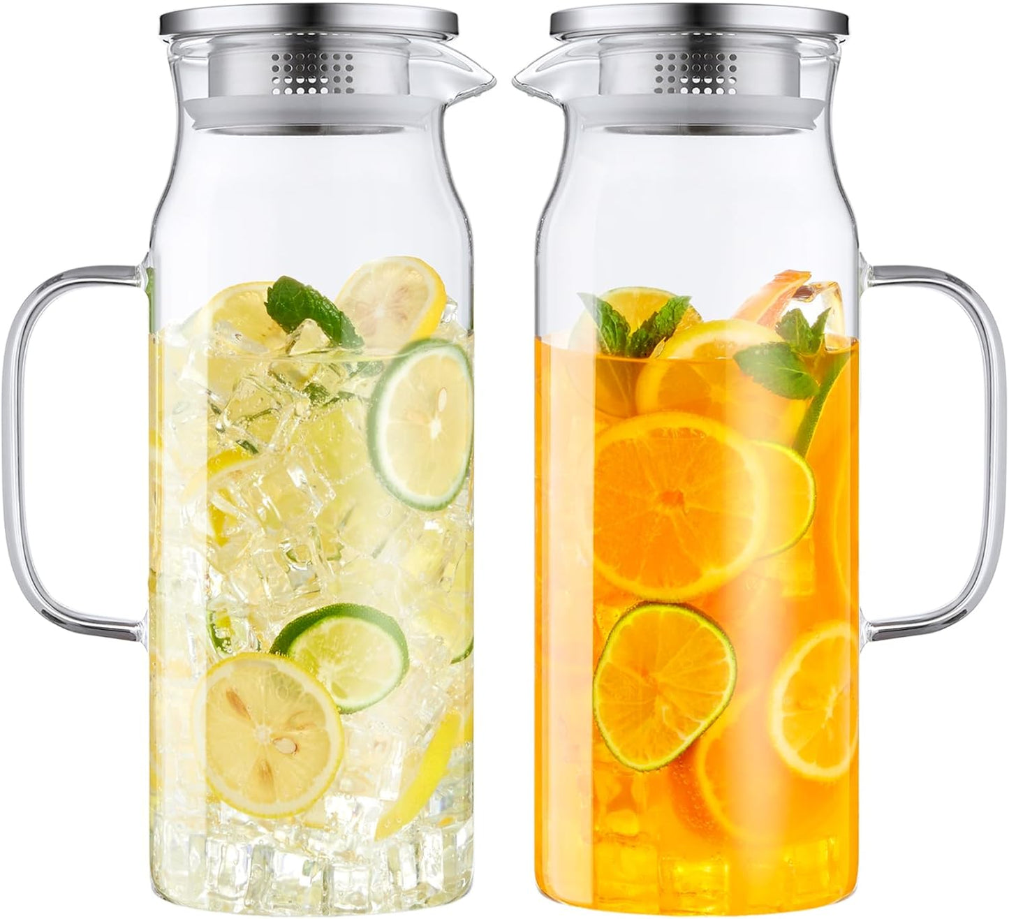 2 Pack 1.6 Liter 54 oz Glass Pitcher with Lid and Spout, Glass Carafe Water Pitcher for Hot/Cold Water, Iced Tea, Drinks, Coffee, Juice and Homemade Beverage