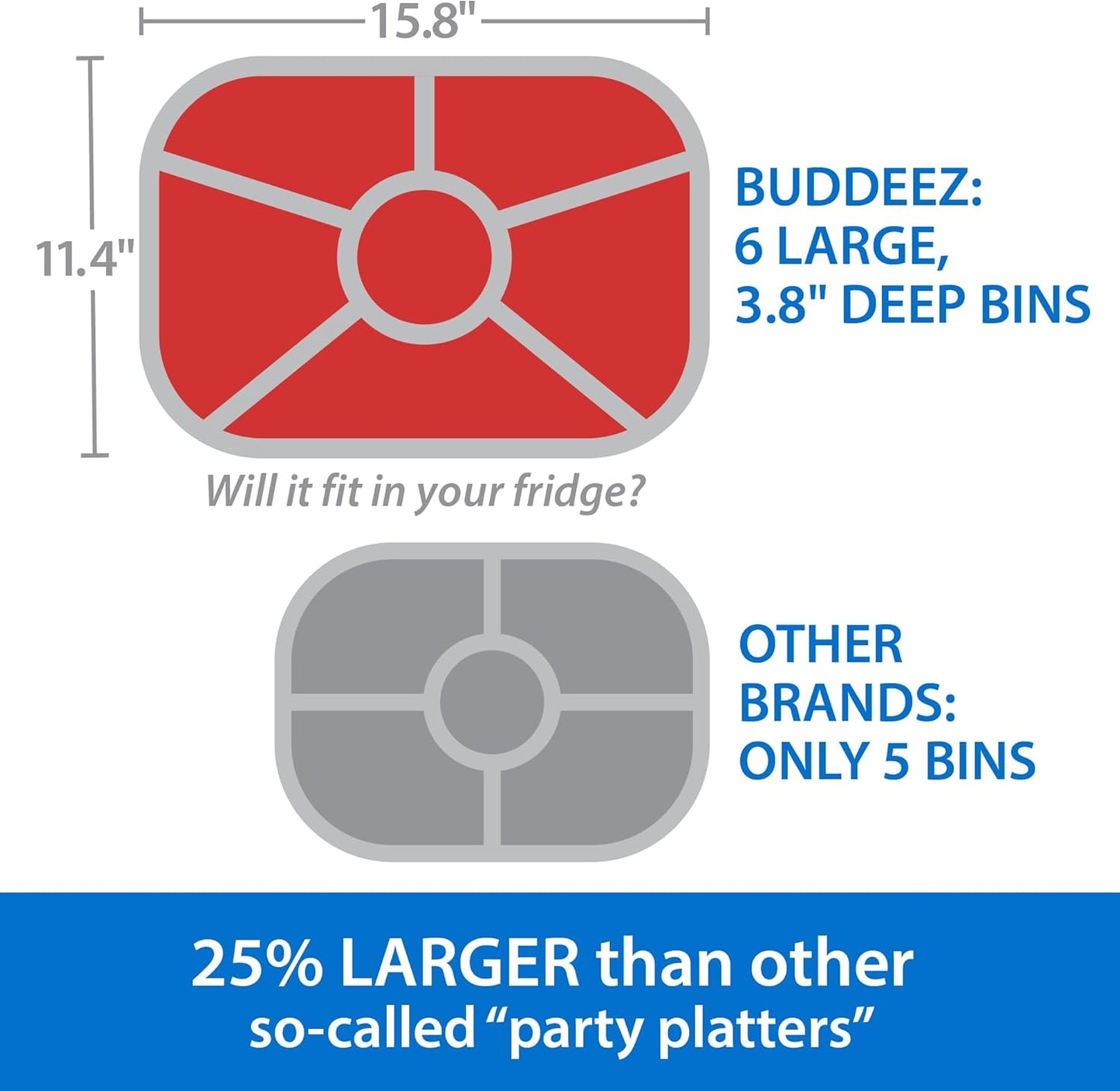 Buddeez Red Jumbo Divided Serving Tray - 6 Bins for Party Platter with Lid, Snackle Box Container, Appetizers, Desserts, Snacks & More