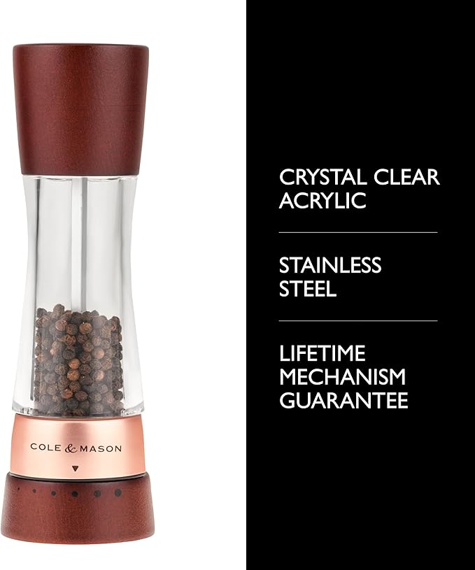 Cole & Mason Derwent Pepper Mill - Gourmet Precision Pepper Grinder - Refillable Seasoning and Spice Tools - Adjustable Black Peppercorn Grinder Settings - Rose Gold
