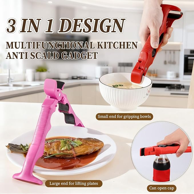 2pcs 3-in-1 Hot Plate Gripper, Multi-Angle Anti-Scald Bowl Holder Clip, Hot Plate Gripper Tongs, Hot Plate Grabber Tongs with Lock for Hot Bowl(Red+Pink)