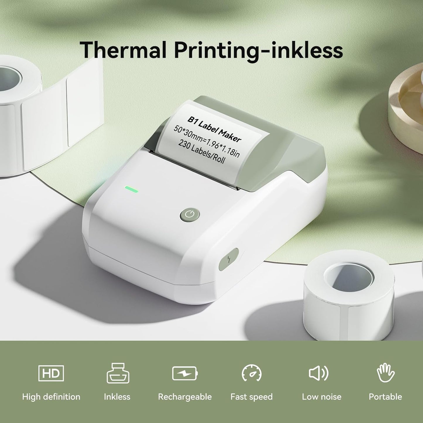 NIIMBOT B1 Label Maker Machine with Tape, 2 Inch Portable Sticker Printer for Home School & Small Business, Compatible with Phones & PC, Green White