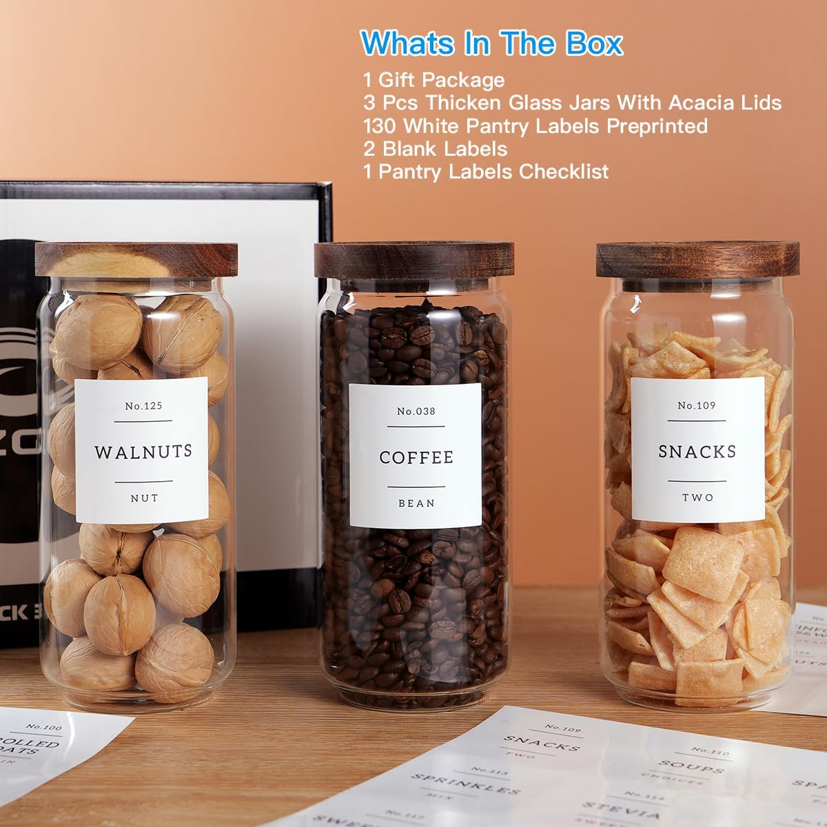 3 Set Glass Pantry Storage Jars with Acacia Airtight Lid - 35oz Thicken Glass Kitchen Canisters with 132 Pantry Labels - Clear Food Storage Containers with Wood Lid for Tea,Sugar,Cookie,Pasta