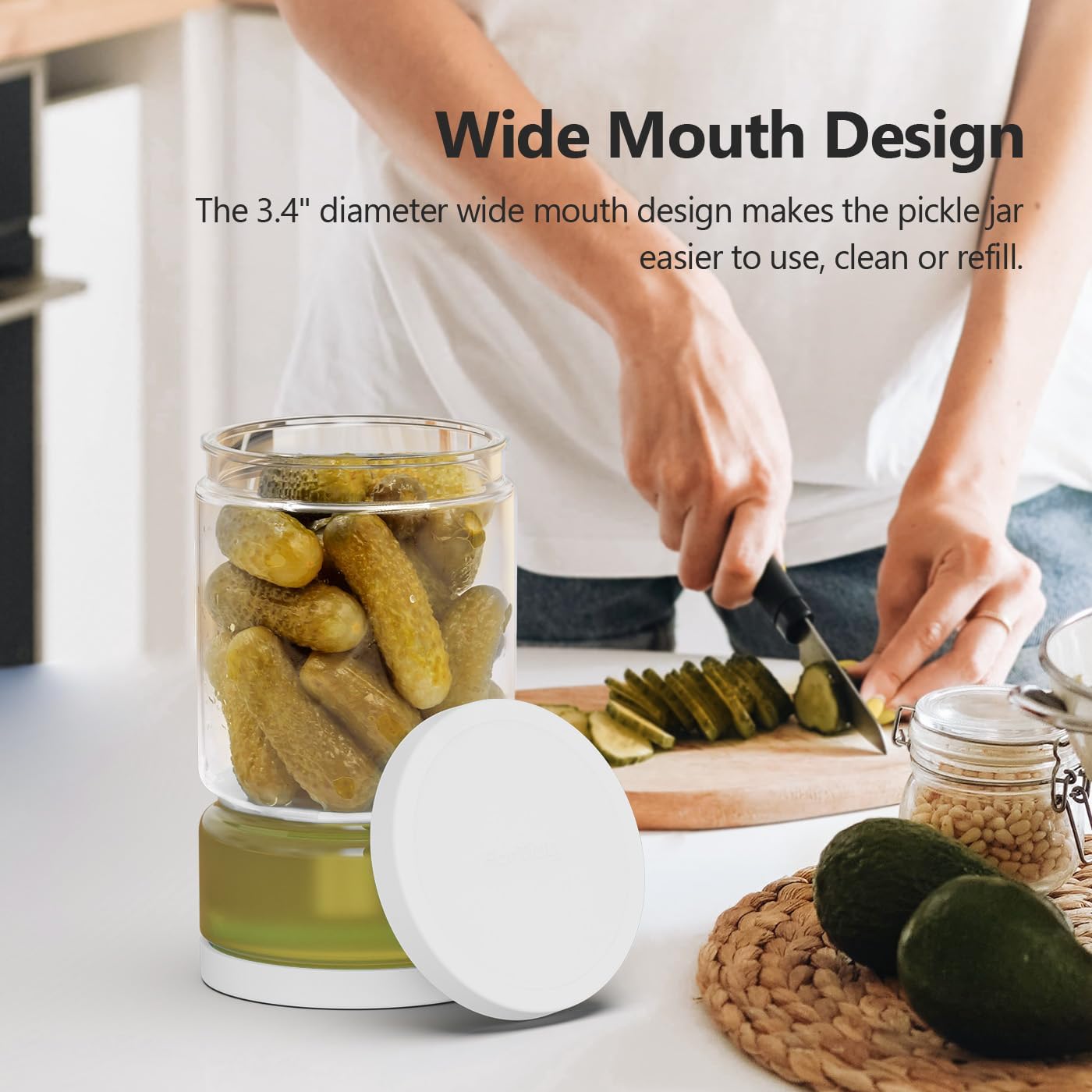 Glass Pickle Jar with Strainer Flip for Pickle Lover - 45OZ Leakproof Airtight Juice Separator for Olive, Gherkin or Chilli, BPA Free, Dishwasher and Refrigerator Safe (White, 45 oz*1 pack)