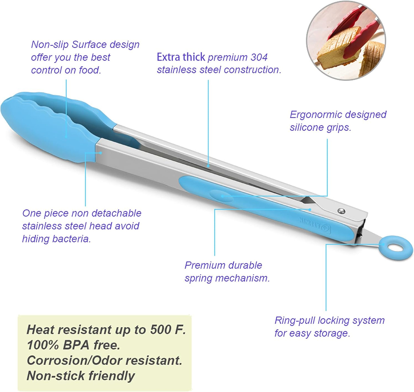 4 Pack Blue Kitchen Tongs, Premium Silicone BPA Free Non-Stick Stainless Steel BBQ Cooking Grilling Locking Food Tongs, 9-Inch & 12-Inch