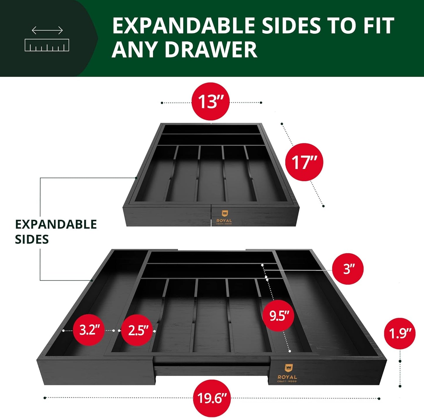 ROYAL CRAFT WOOD Luxury Bamboo Kitchen Drawer Organizer - Silverware Organizer - Utensil Holder and Cutlery Tray with Grooved Drawer Dividers for Flatware and Kitchen Utensils (9 Slot, Black)
