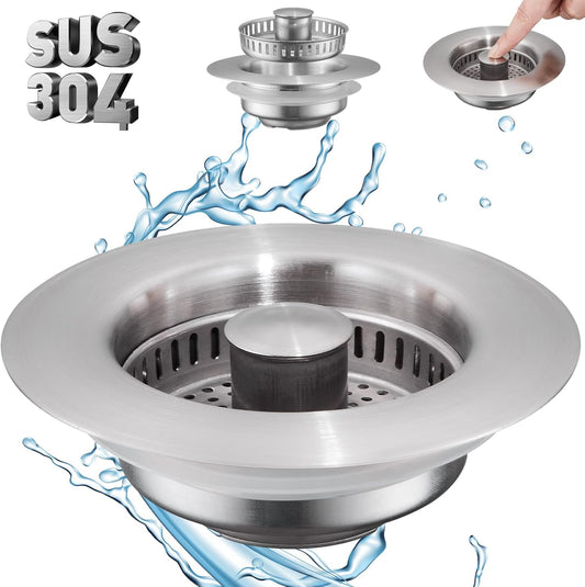 4 in 1 Kitchen Sink Drain Strainer Stopper, Pollock SUS304 Stainless Steel Pop-up Kitchen Sink Stopper with Strainer Basket, Anti-Clogging Kitchen Sink Plug for US Standard 3-1/2 Inch Drain