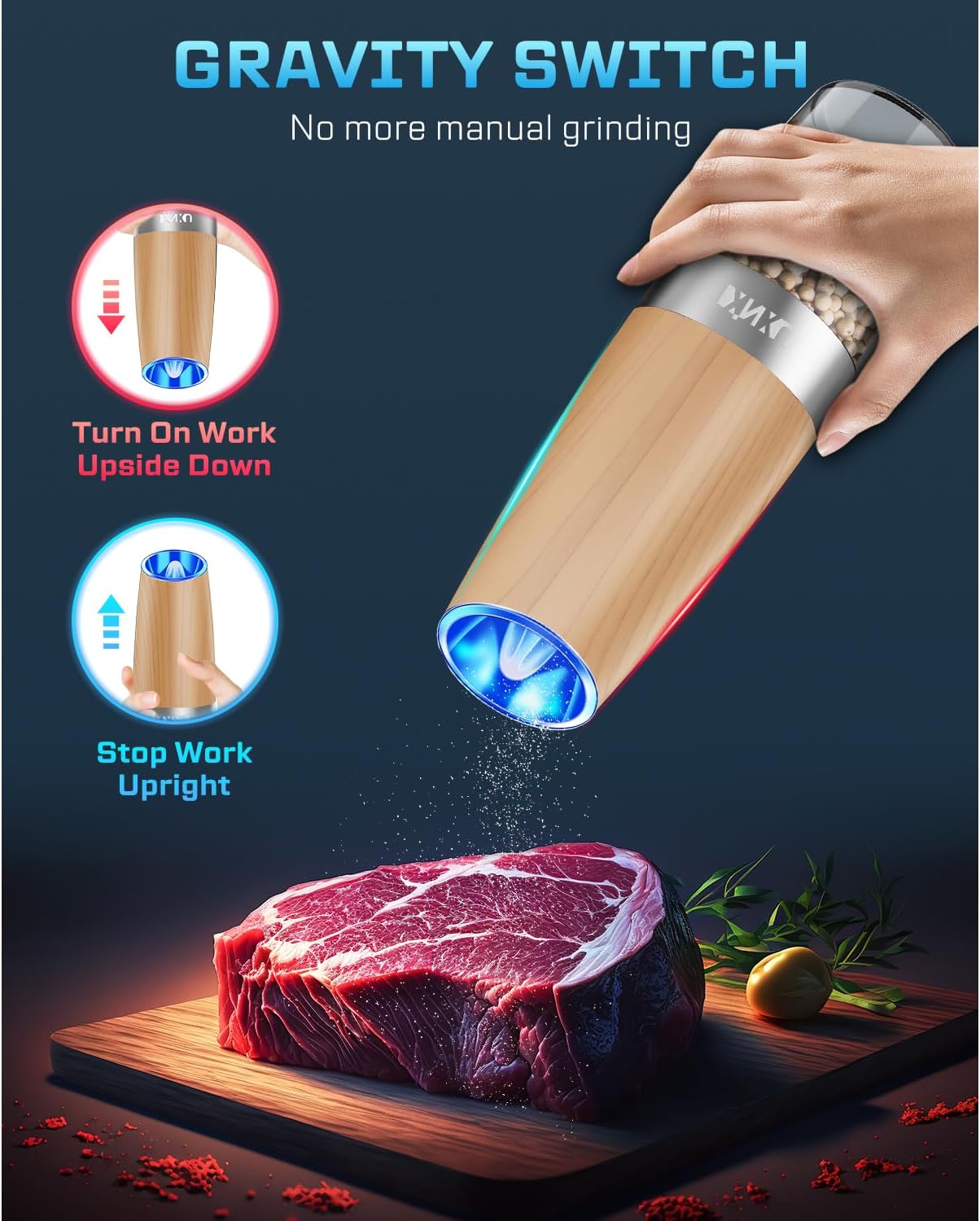 XinXu Gravity Electric Pepper and Salt Grinder Set, Automatic Mill Grinder Shaker,Battery-Operated, Adjustable Coarseness, Stainless Steel, LED Light, One Hand Operated,Wood Grain