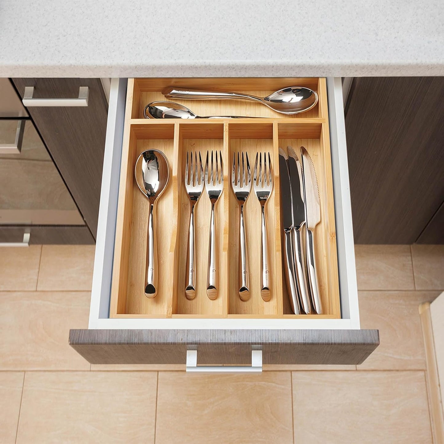 Umilife Bamboo Kitchen Drawer Organizer, 11 Inch Silverware Utensils Tray Holder with Grooved Dividers, 2.4" High Wood Caddy for Flatware Cutlery Knives