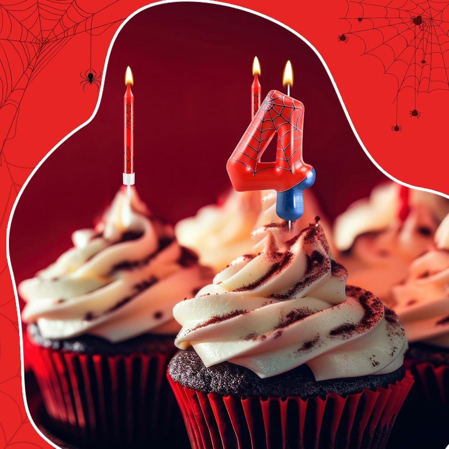 13 Pcs Spider Themed Birthday Candle Set Red Spider Theme Number 4 Candle Cake Topper for Boys Girls Birthday Decoration Spider Party Decoration Supplies (Number 4)