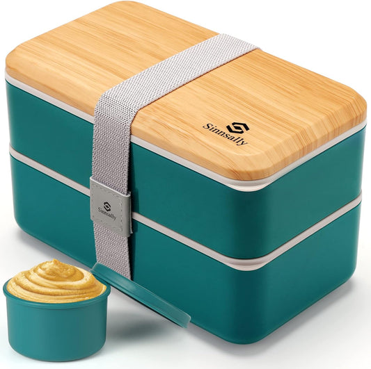 Sinnsally Bento Box Adult Lunch Box,Stackable Japanese Bento Lunch Box Containers for Women/Men with Compartments(47oz),Lunch Containers with Utensil Set,Leak-Proof Lunchbox,Rectangle(Nordic Green)