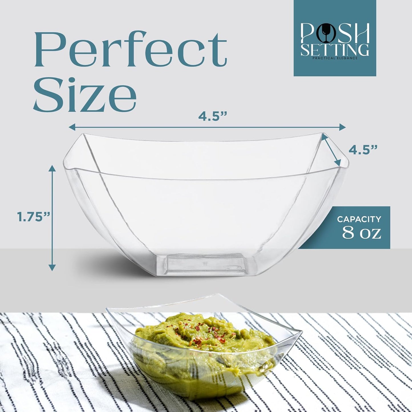 Posh Setting - Clear Plastic Serving Bowls for Party (8oz - 4 Pack) Square, Disposable, Salad & Fruit Bowls for Party Table, Candy Containers for Candy Buffet