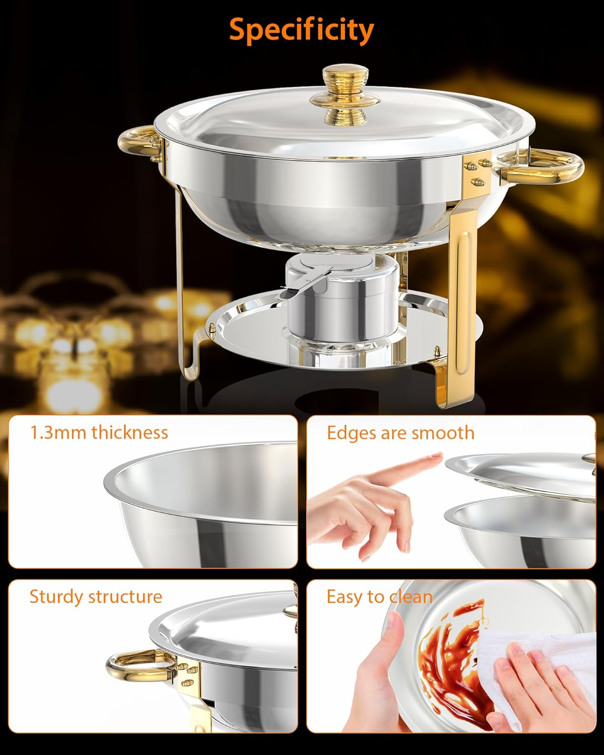Chafing Dish for Buffet 2 Pack, 5QT Round Chafing Dishes Buffet Set w/Lid Holder, Stainless Steel Chafers and Food Warmers with Spoon and Tweezers for Parties, Weddings, Events, Banquet, Gold