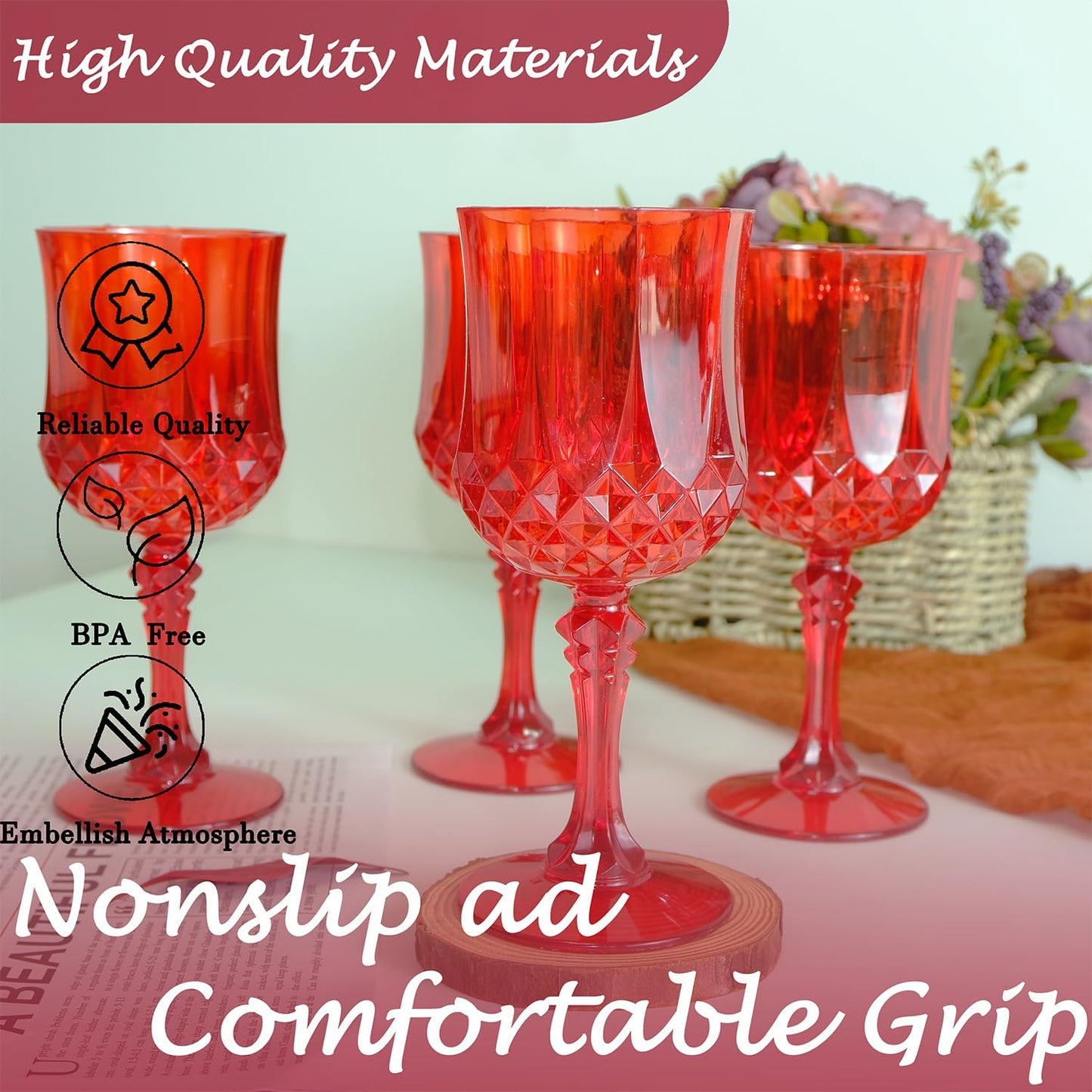 Plastic Wine Glasses，Plastic Goblets Vintage Style Cordial Drinking Glasses for Wedding Reception, Grand Event Party Supplies (12, Red)