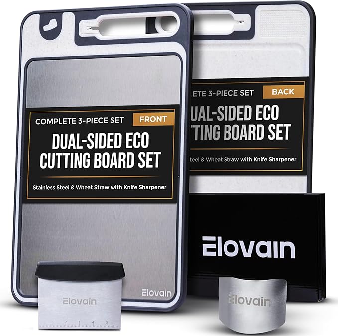Stainless Steel Cutting Board Set – Double-Sided Hygienic Kitchen Board with Knife Sharpener, Scraper, Finger Guard – Dishwasher Safe, Non-Slip Edges, Multi-Function, Made in USA – 3-Piece Set